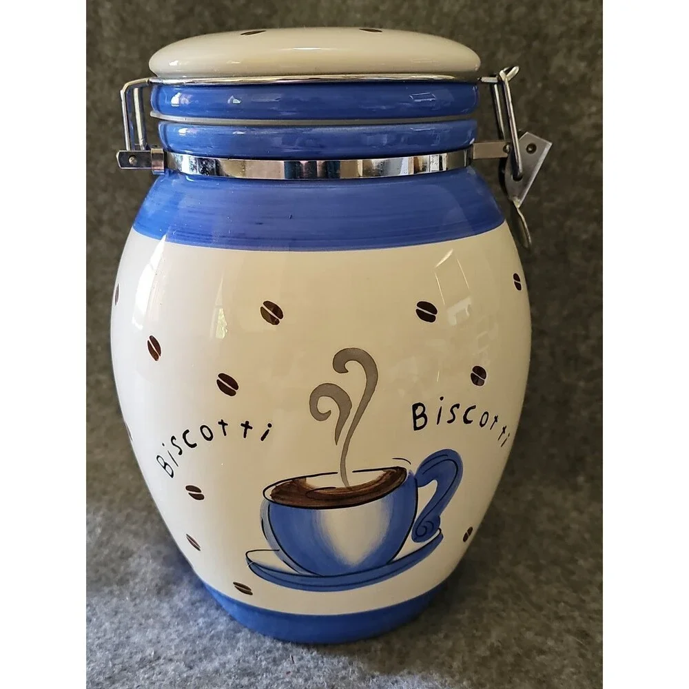 Inspirado Ceramic Cookie  / Biscotti Jar Blue White Coffee Cup Beans Hinged Lid